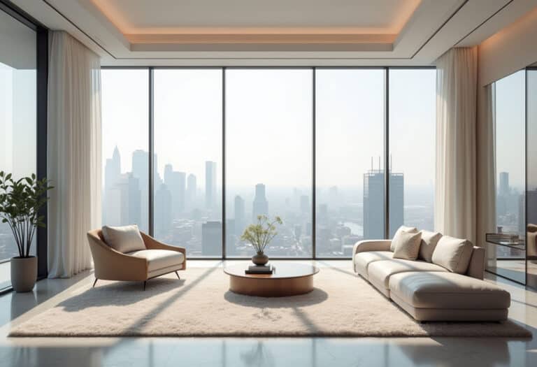 A high-resolution, realistic photograph of a spacious modern apartment with large windows overlooking a city skyline. The interior is minimalist with soft lighting, neutral tones, and elegant furniture. The atmosphere feels calm, professional, and aspirational—perfect for a lifestyle or wealth-focused blog.