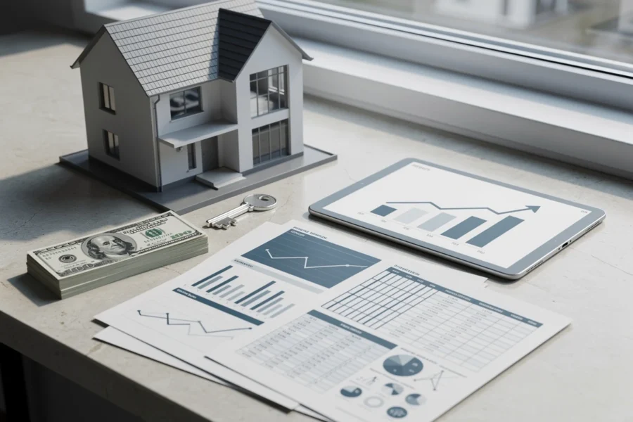 The question is what is an asset, the image shows House model, cash, keys, financial documents, and a tablet chart representing different types of assets.
