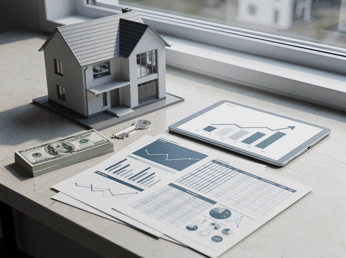 The question is what is an asset, the image shows House model, cash, keys, financial documents, and a tablet chart representing different types of assets.