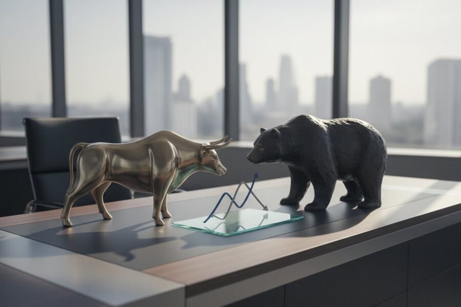 Bronze bull and black bear sculptures with bull and bear markets explained through rising and falling market charts.