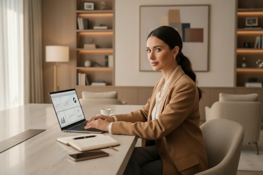 Business tools for founders displayed on a laptop in a modern office.