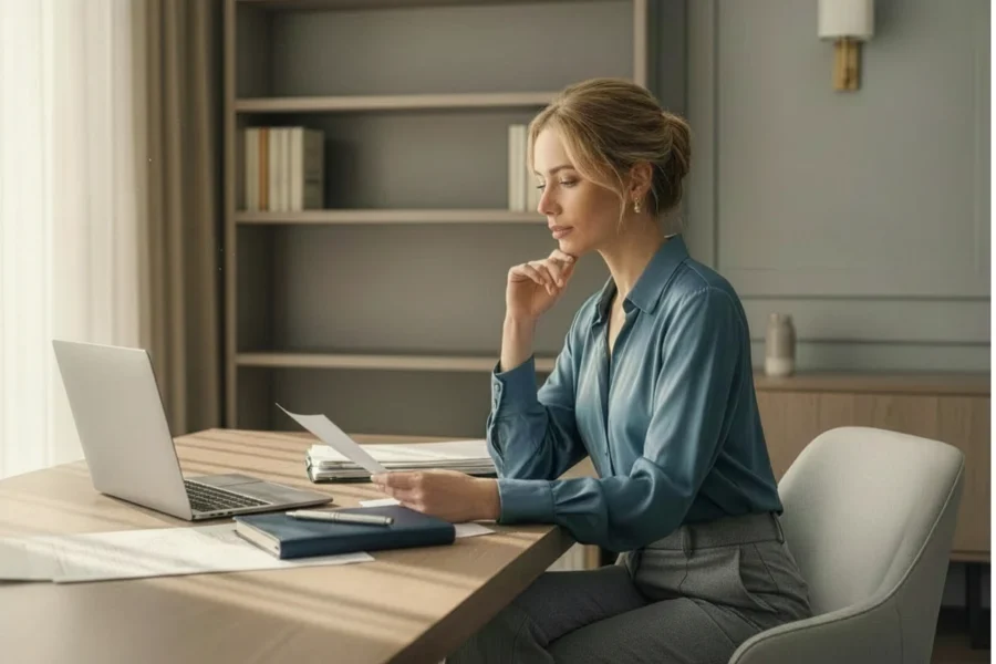 Woman reviewing how wealth is built over time through long-term financial planning.