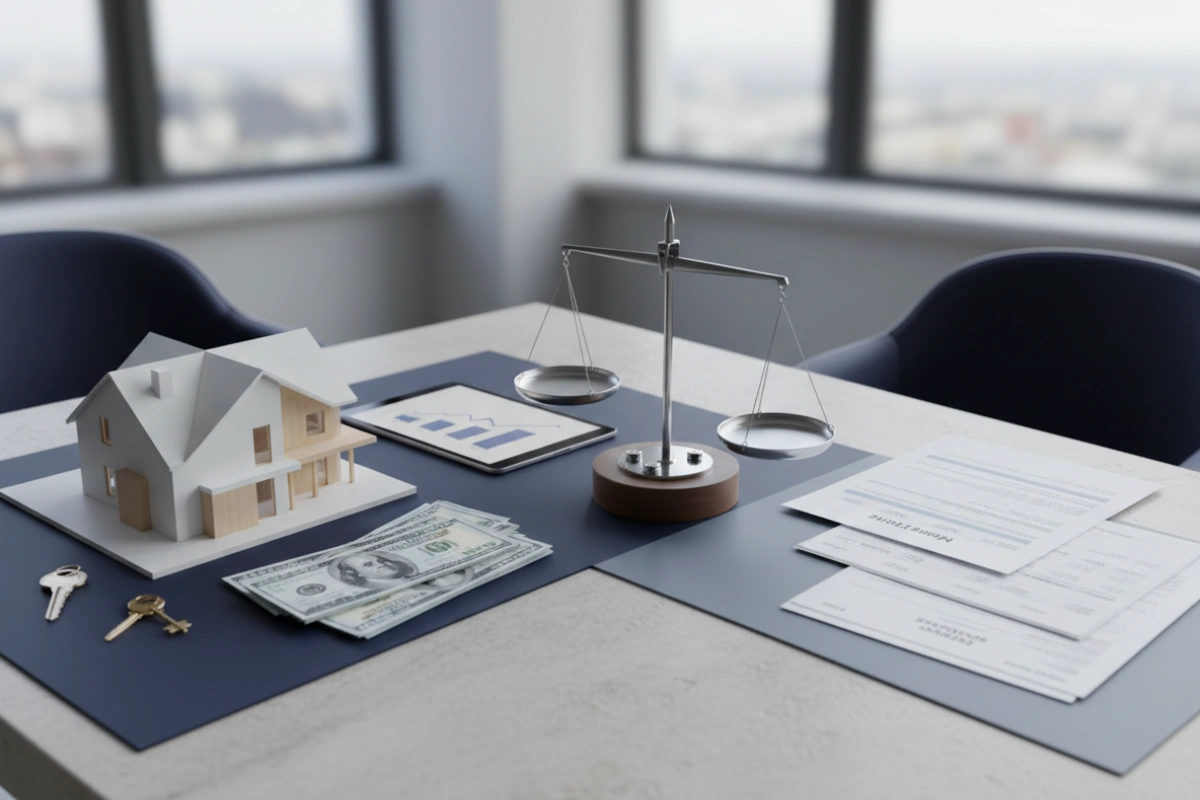 House, cash, investments, and debt documents with net worth explained using a financial balance scale.