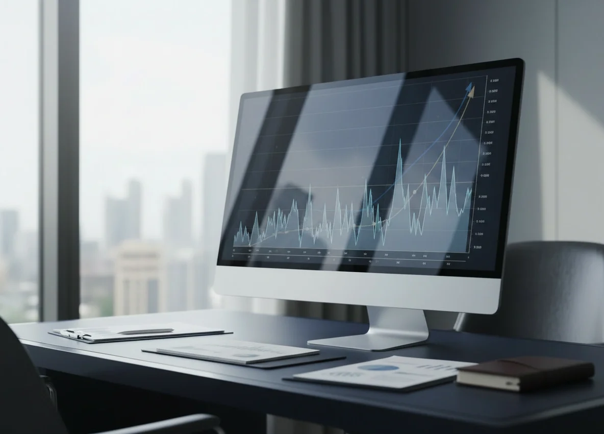 Stock market chart illustrating why the stock market goes up and down in a modern office.