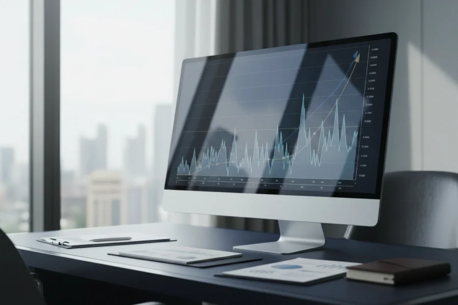 Stock market chart illustrating why the stock market goes up and down in a modern office.