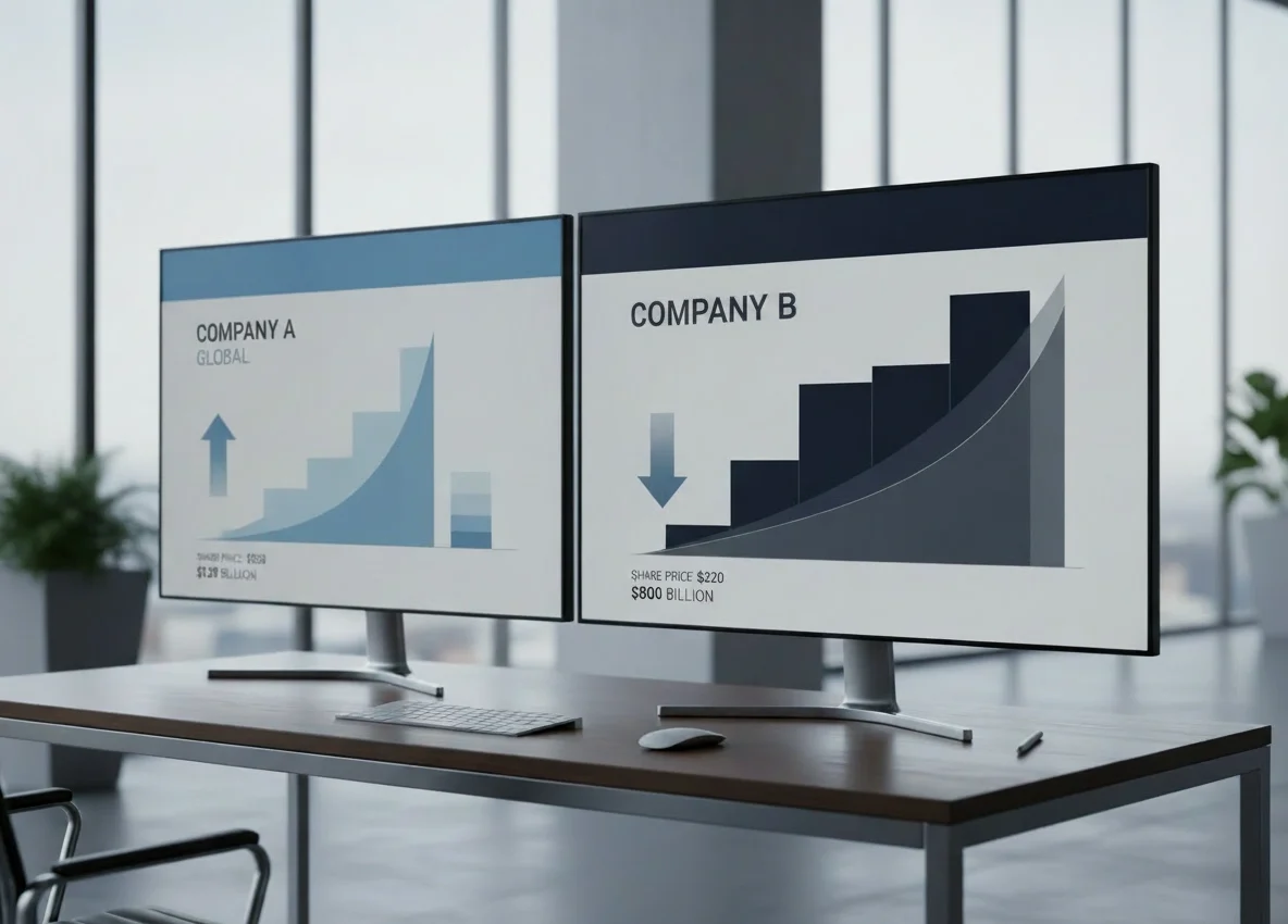 What is market capitalization illustrated by comparing share price with the total market value of two companies