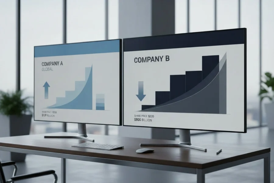 What is market capitalization illustrated by comparing share price with the total market value of two companies