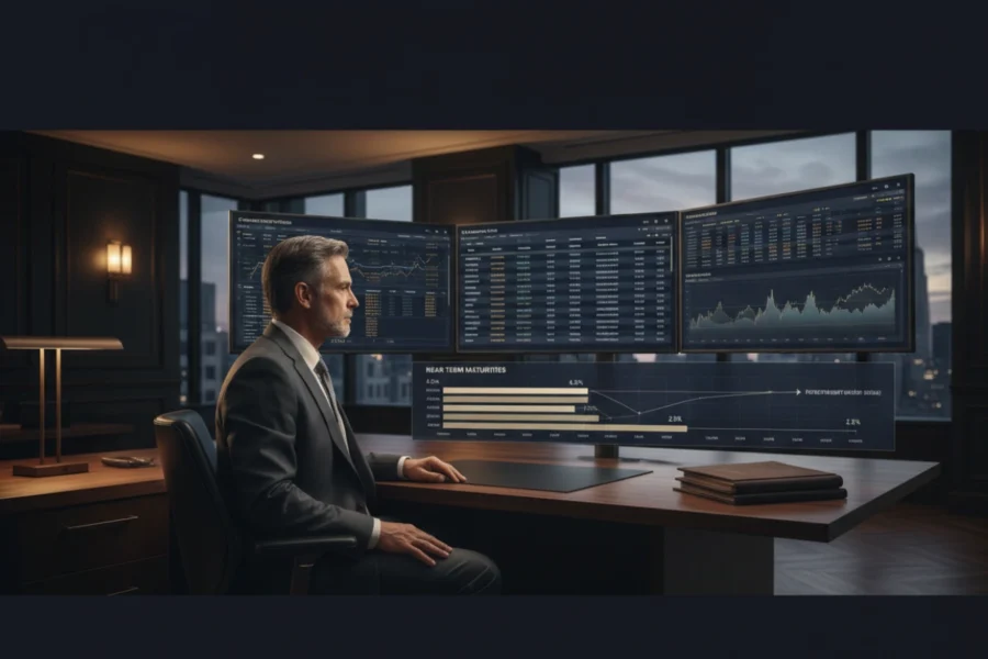 What is reinvestment risk illustrated by an investor reviewing bond maturities and changing future yields.