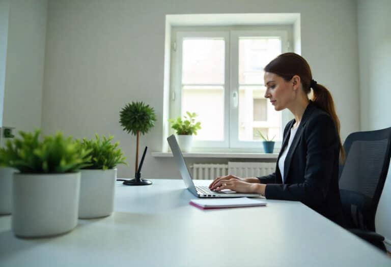 Professional woman working at a sleek, modern office desk with a laptop and notebook. Neutral tones—white, grey, black—with minimal pops of color. Clean, minimalist workspace with natural lighting. The setting should feel corporate, focused, and modern. No on-screen text or clutter.