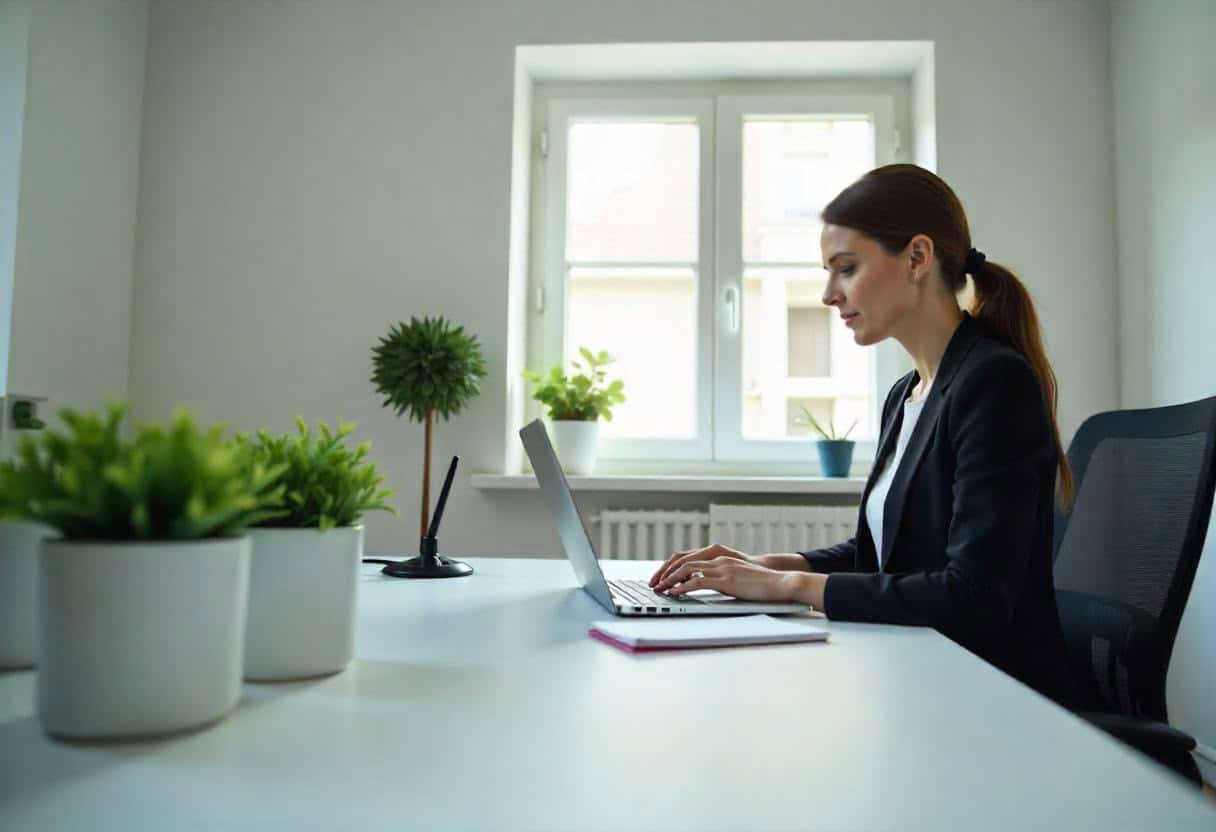 Professional woman working at a sleek, modern office desk with a laptop and notebook. Neutral tones—white, grey, black—with minimal pops of color. Clean, minimalist workspace with natural lighting. The setting should feel corporate, focused, and modern. No on-screen text or clutter.