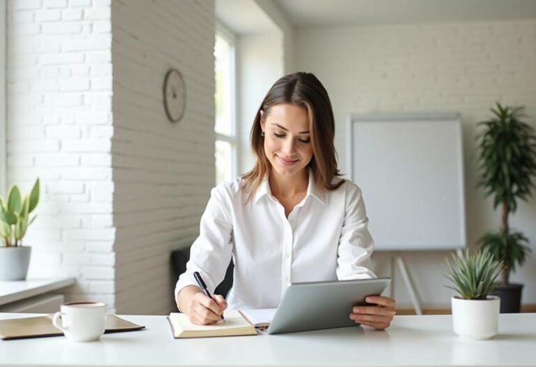 a woman sitting at her desk with a notebook working