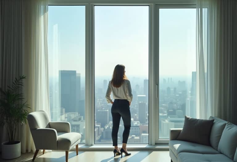 A confident businesswoman standing at a large window in a high-rise office during daytime. Half the room is in shadow, the other lit by natural sunlight. The mood symbolizes choice and potential. Clean, modern setting with neutral grey tones and minimalist furniture.
