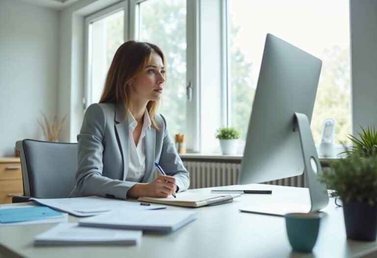 Professional woman working at a modern office desk in a bright corporate environment. She's either writing in a notebook, reviewing documents, or looking thoughtfully at her computer screen. The office has clean lines, neutral colors (grey, white, soft wood), and plenty of natural light. The scene conveys calm focus, clarity, and success mindset.