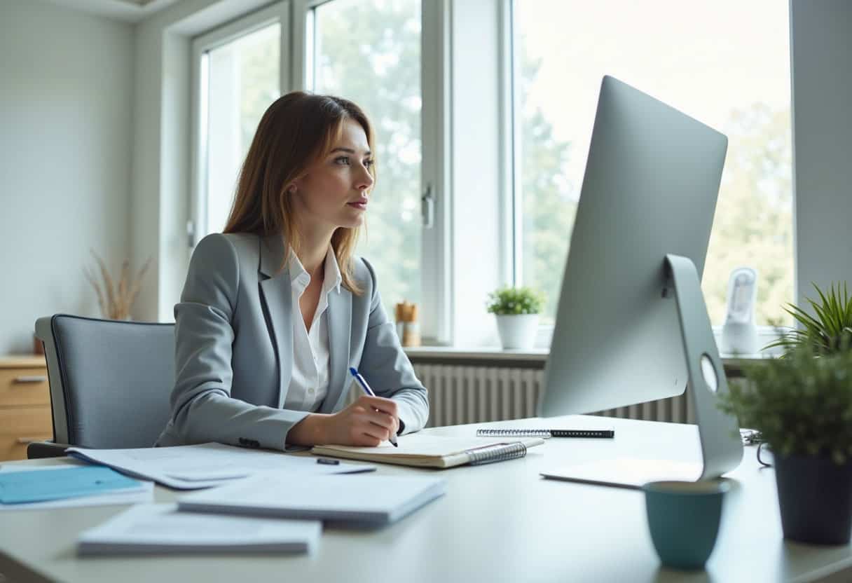Professional woman working at a modern office desk in a bright corporate environment. She's either writing in a notebook, reviewing documents, or looking thoughtfully at her computer screen. The office has clean lines, neutral colors (grey, white, soft wood), and plenty of natural light. The scene conveys calm focus, clarity, and success mindset.