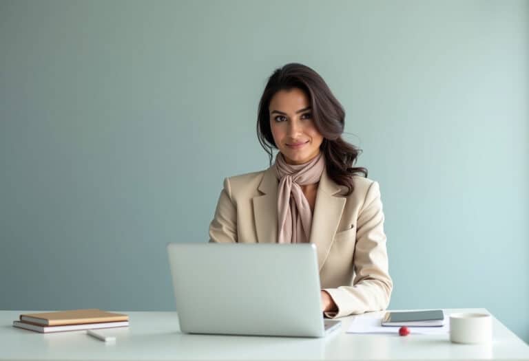 Professional woman working at a modern office desk, light grey or white background, natural lighting. Calm, minimalist style. Corporate and clean aesthetic. Soft tones or slightly desaturated.