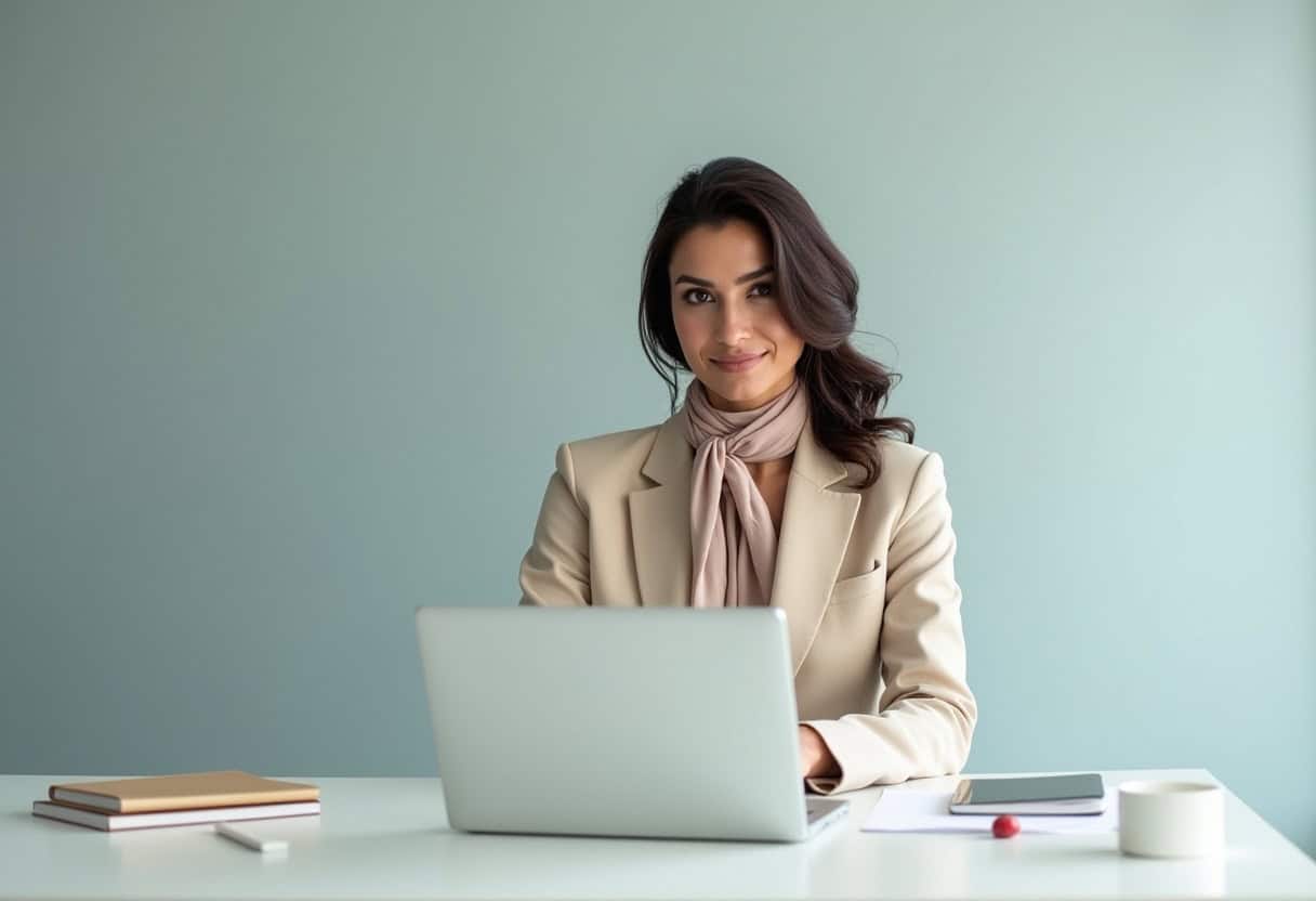 Professional woman working at a modern office desk, light grey or white background, natural lighting. Calm, minimalist style. Corporate and clean aesthetic. Soft tones or slightly desaturated.