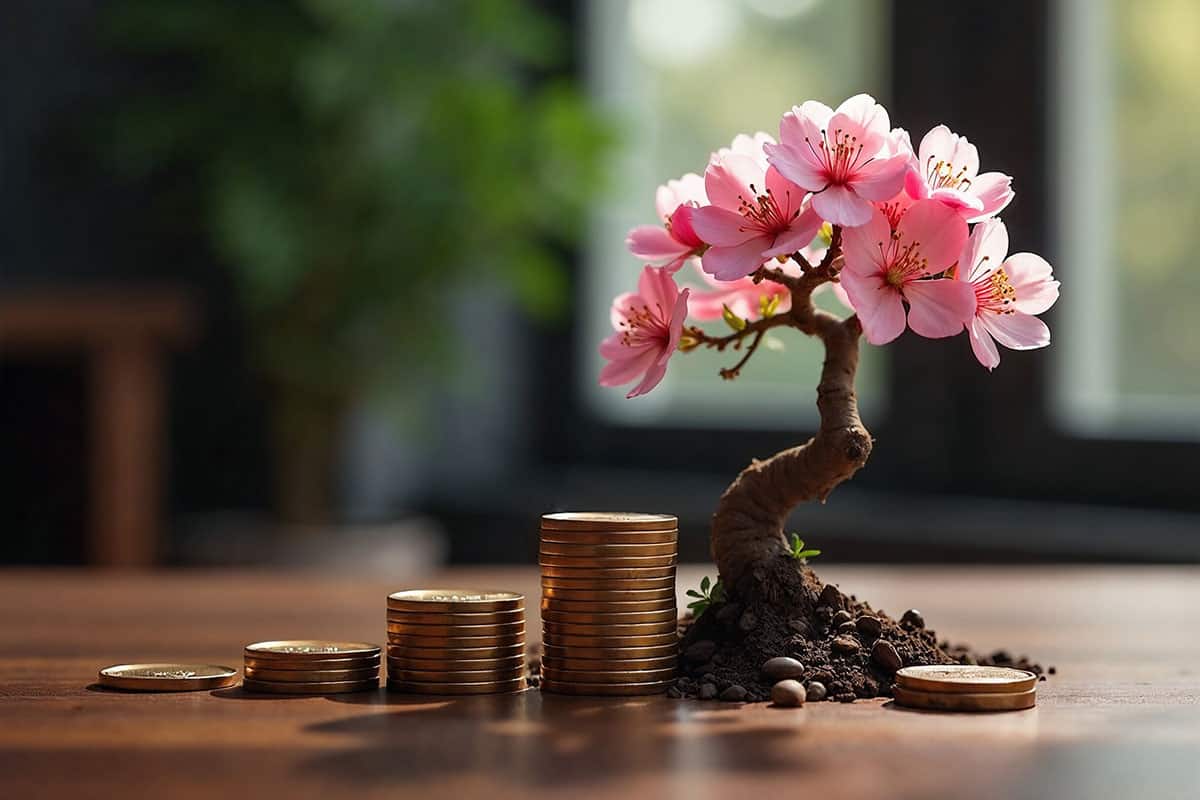 A stack of copper coins gradually becoming a bonsai tree with delicate pink blossoms on a polished wooden table indoors, wealth growth concept.